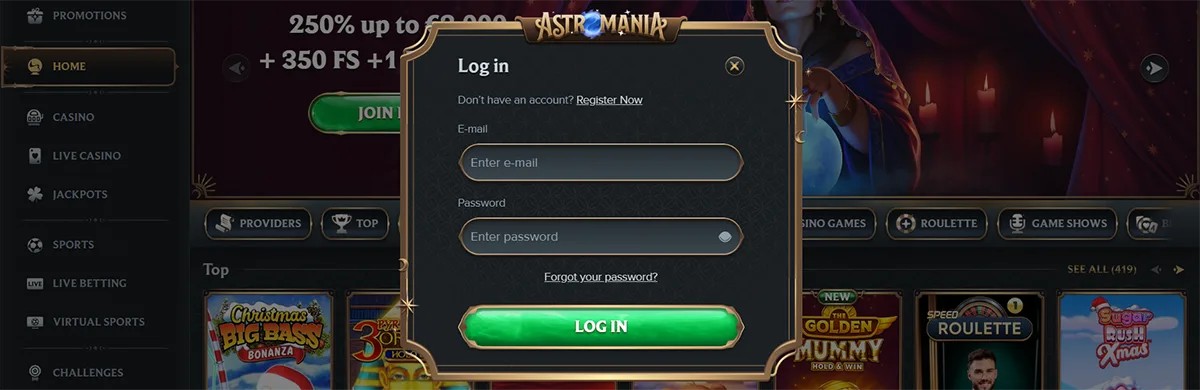 Dark-themed casino login popup with email and password fields, a green “Log In” button, and a password recovery link, displayed over a game lobby with slot categories and promotional banners.